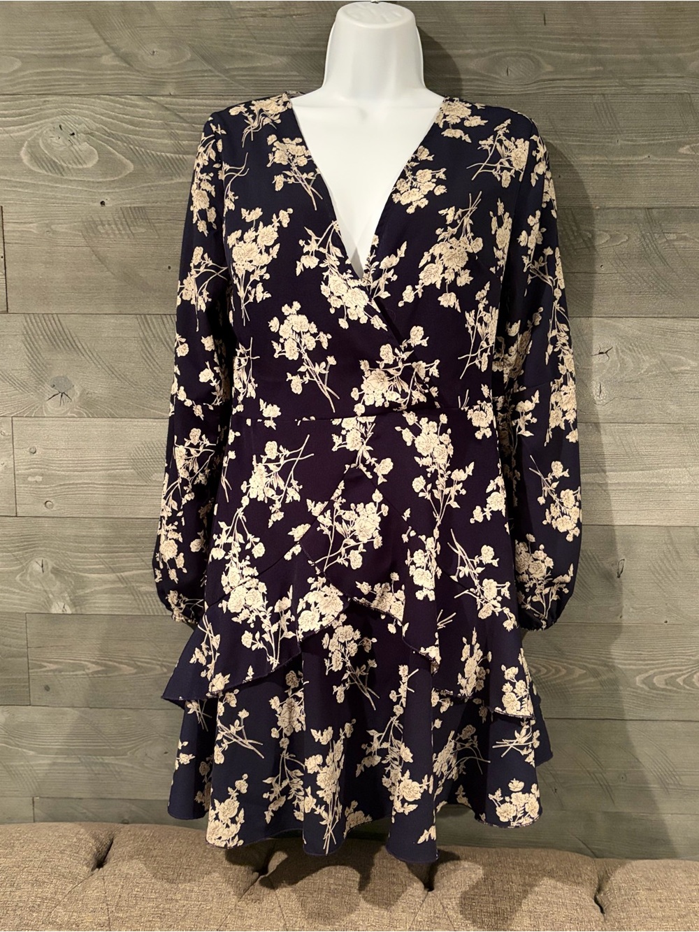 Navy Floral V-Neck Long Sleeve Ruffle Dress